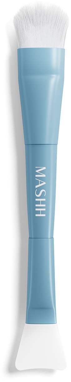 Ein Make-up-Pinsel mit blauem Griff und weißen Borsten, beschriftet 'MASHU'.