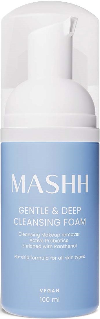 Weiße und blaue Flasche mit Reinigungs-Schaum, gekennzeichnet MASHH, für alle Hauttypen.