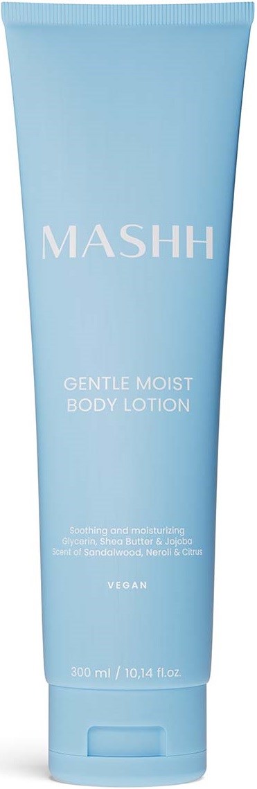 Hellblaue Tube mit Körperlotion, beschriftet "MASHH Gentle Moist Body Lotion," vegan, 300 ml. Beruhigend und feuchtigkeitsspendend.