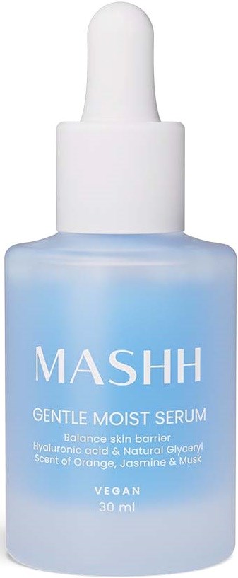 Blauer Tropfchen-Flasche mit 'MASHH Gentle Moist Serum' Schriftzug, Inhaltsstoffe und Duft.