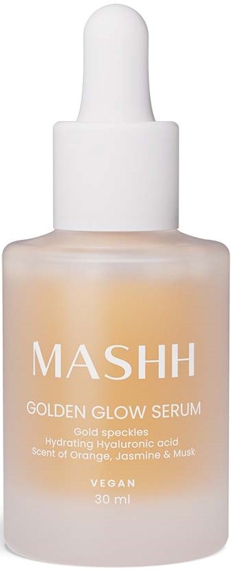 Kleine Flasche mit 'MASHH GOLDEN GLOW SERUM' beschriftet, mit Pipettenkappe, enthält glowing Flüssigkeit.