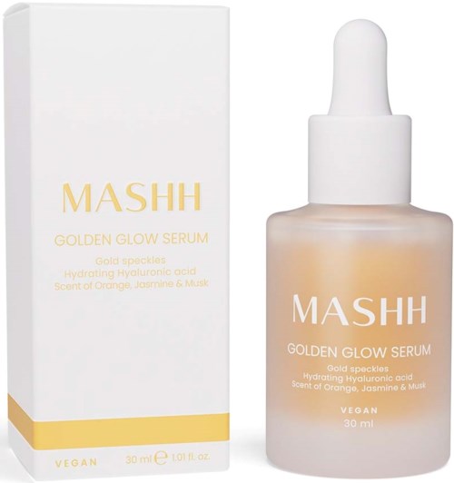 Eine Flasche MASHH Golden Glow Serum mit Tropfer und itsere weißen Verpackung mit Goldakzenten.