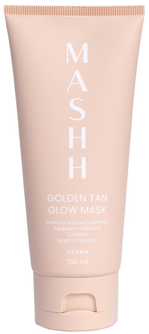 Eine rosa Tube mit Gesichtsmaskenetikett 'MASHH Golden Tan Glow Mask' mit Beschreibung des Dufts und veganer Formel.