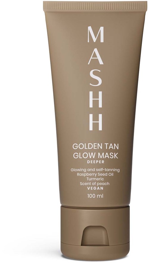 Beige Tube mit Gesichtsmaskenprodukt namens MASHH Golden Tan Glow Mask, mit Inhaltsstoffen wie Himbeerkernalöl und Kurkuma.