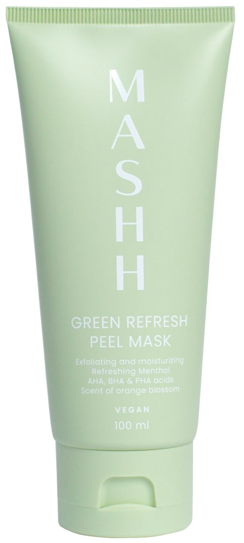 Grüne Tube mit weißen Texten für eine Peeling-Maske. Enthält Orangenblüten-Duft, vegan und 100 ml.