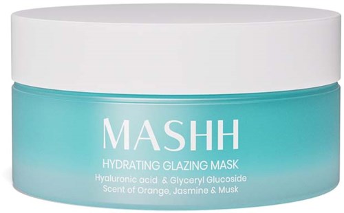 Eine hellblaue Dose mit weißem Deckel, beschriftet mit MASHH Hydrating Mask, enthält Hyaluronsäure und Glycerin, mit Orangenduft, Jasmin und Moschus.