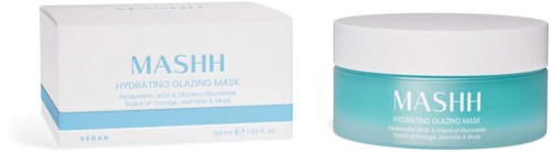 Ein Hautpflegeprodukt namens MASHH Hydrating Glazing Mask in einem blauen Behälter und Packung.