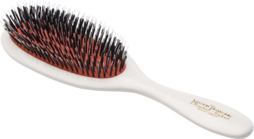 A white hairbrush with black and red bristles, designed for detangling hair.