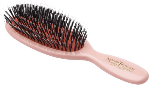 A pink hairbrush with black and red bristles, designed for detangling hair.