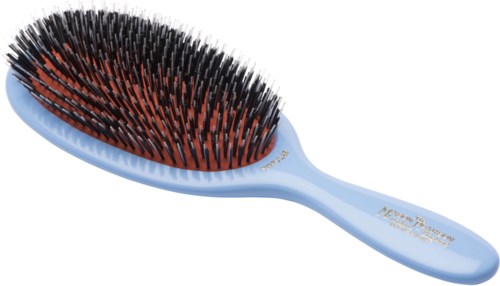 A hairbrush with black and red bristles and a light blue handle.