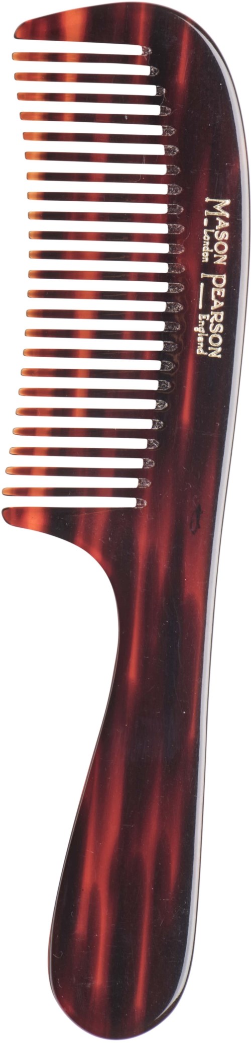 A hairbrush with brown and black marble pattern, wide teeth, and the words "Mosey Pleyson" on it.