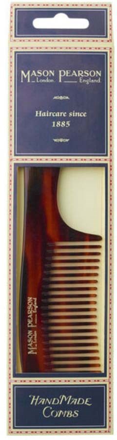 Rectangular box with a hairbrush inside, featuring a brush with a white, curved handle and striped bristles.