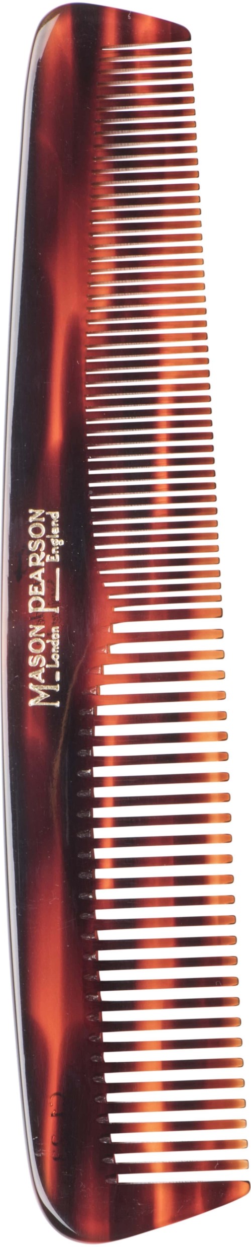 A wide, curved hair comb with red and black colors and the text "MASON POIRON" on it.