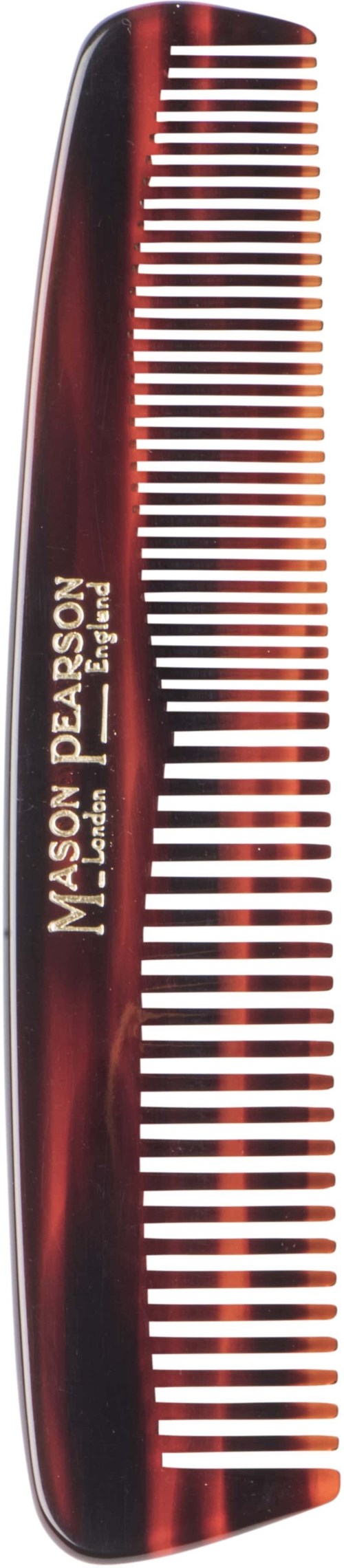 A shiny hair tool with a red and black color, labeled Mason Pearson, used for brushing hair.
