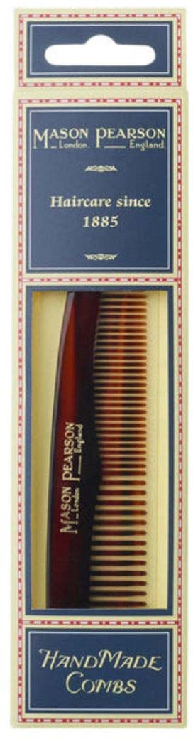 A box contains a Mason Pearson hairbrush, brand's logo, and claims of haircare since 1885, emphasizing handmade quality.