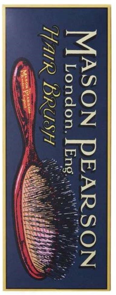 A sign for Mason Pearson hairbrush from London, England, with a picture of a hairbrush. The background is blue with yellow and red text.