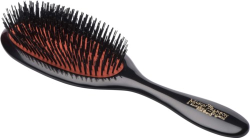 A black hairbrush with red and black bristles, shiny handle, and gold text on the handle.