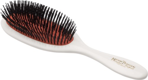 A white hairbrush with black and red bristles, designed for detangling hair.