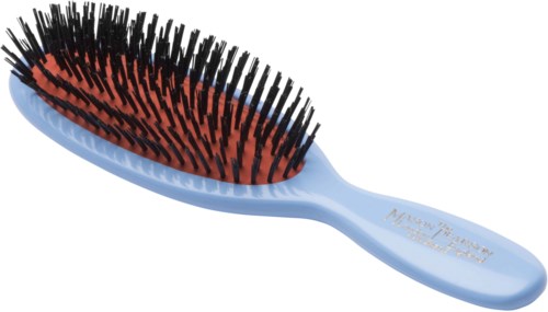A hairbrush with a blue handle, black bristles, and a red area in the middle.