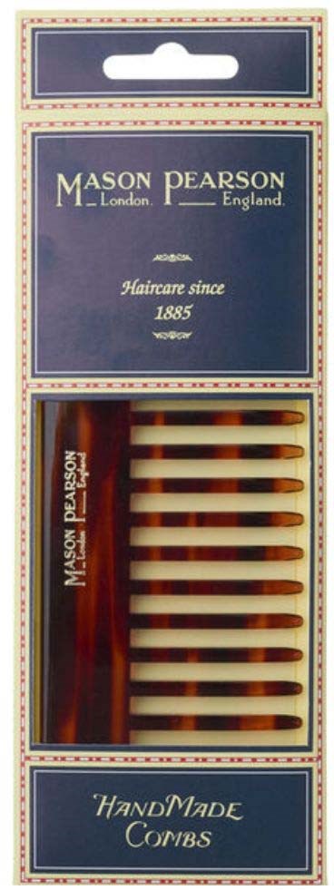 Box of five red and gold handmade hair combs, brand name Mason Pearson, with text about hair care since 1885.