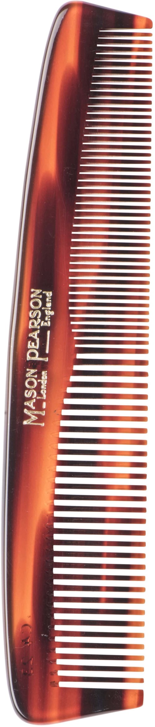 A brown and black hair comb with a transparent handle and a brand logo on it.
