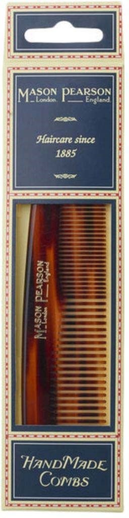 A box of handmade combs with a blue and red label, containing several small, fine-toothed combs, made for hair grooming.