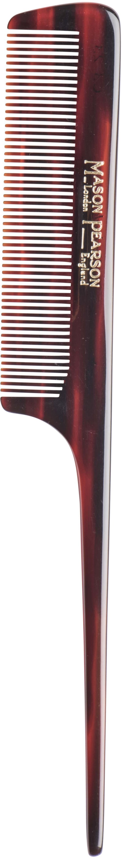 A red comb with a curved handle and the words "Macy Pasion" on it.