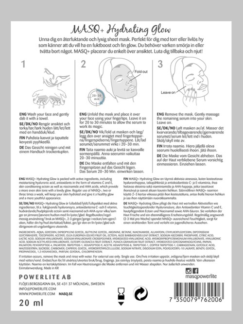 Ihonemerkkihoito-ohje, jossa annetaan vaiheita kosteuttavalle hehkuvälle naamalle, mukaan lukien kasvojen pesu, naamio ja jäänteiden poisto.