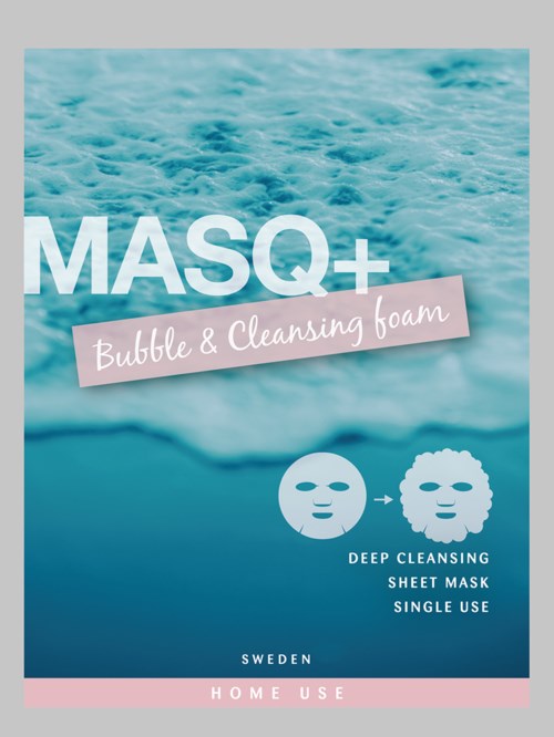 Förpackning för MASQ+ Bubble & Cleansing Foam, visar en ansiktsmask och skum i bakgrunden, betonar djup rengöring, engångsbruk.