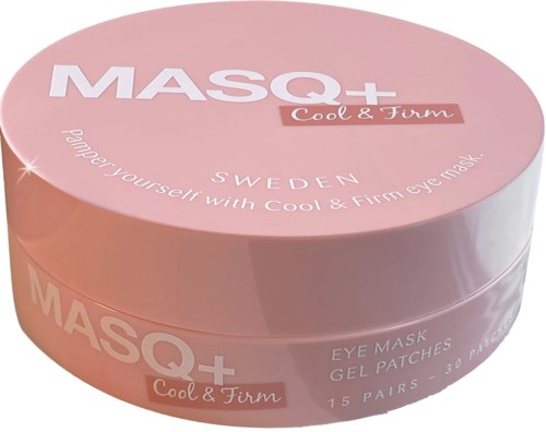 Pyöreä vaaleanpunainen rasia, jossa valkoinen ja punainen teksti, silmämaskeille nimeltä MASQ+ Cool & Firm, Ruotsista.