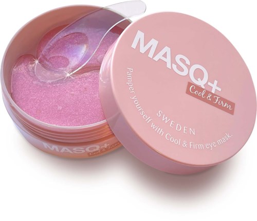 Valkoinen silmälämmitin pyöreässä astiassa, nimeltä 'MASQ+ Cool & Firm' Ruotsista.