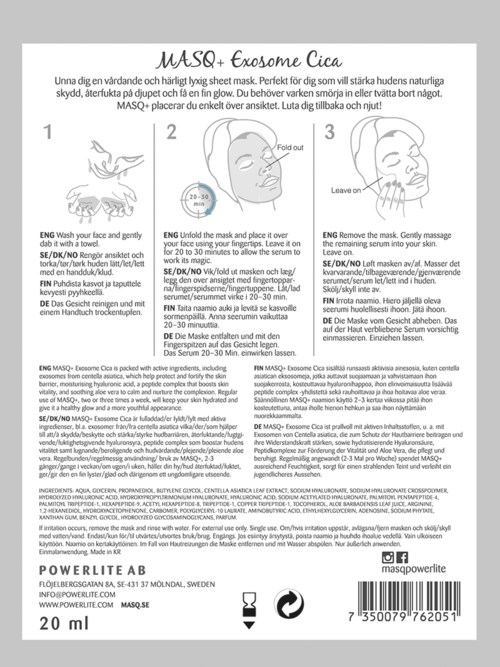 Ihonhoitotuotteen etiketti, jossa kerrotaan Masque ja Exosome Cica ja niiden ohjeet ja ainesosat.