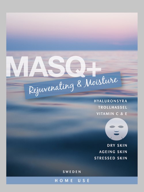 LOGO MASQ+ ihonhoitotuotteelle, korostaa kosteutusta ja uudistumista. Listaa ainesosia ja ihon hyötyjä, sopii kotikäyttöön.