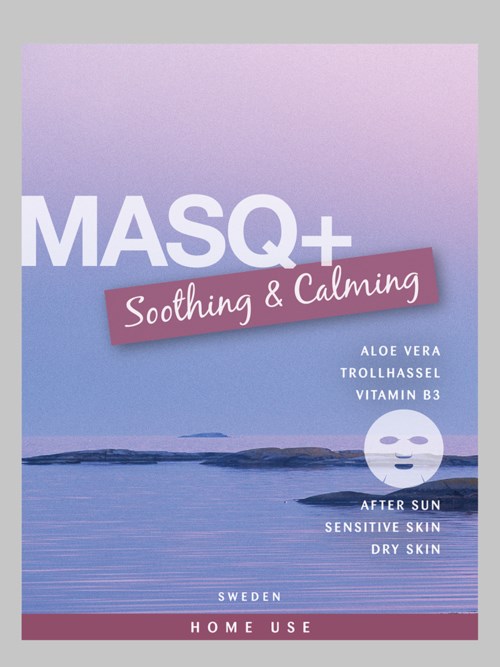 Rauhoittava vaaleanpunainen ja violetti ihonhoitopakkaus, jossa mainitaan rauhoittavat ainesosat kuten aloe vera ja niami B3.