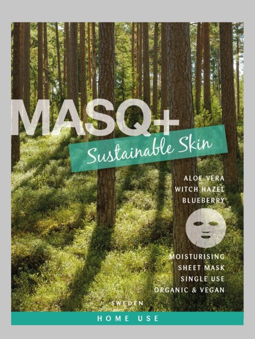 Metsä taustalla, teksti kestävän ihonhoidon sisältäen aloe vera, kastanjaherne ja mustikka.