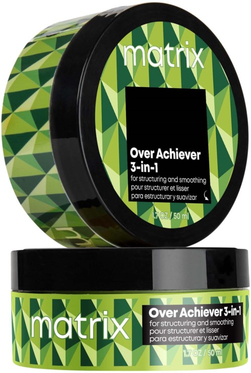 Grüner und schwarzer Behälter für Haarstyling, bezeichnet 'Over Achiever 3-in-1,' mit geometrischem Design und Produktdetails.
