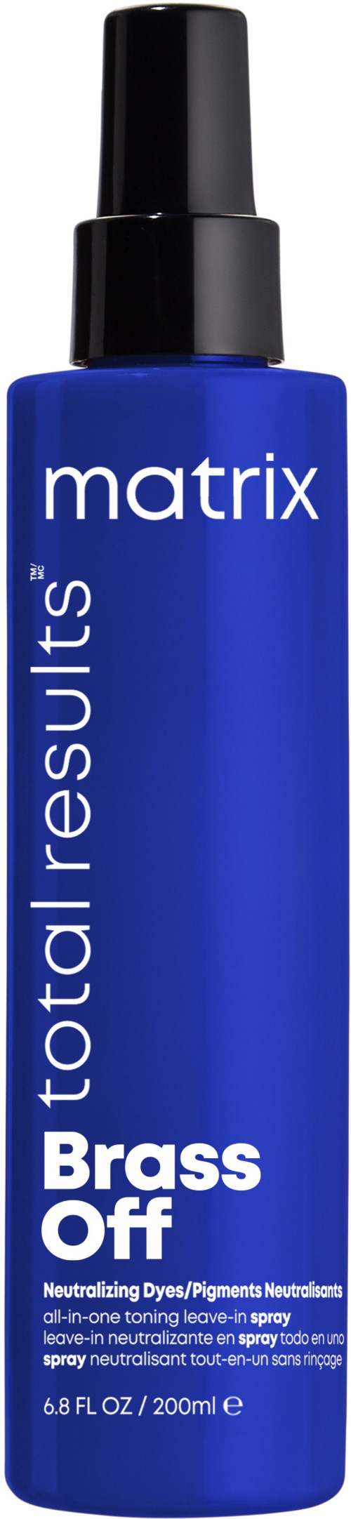 Eine blaue Sprühflasche mit der Beschriftung 'matrix' und 'Brass Off' gegen Tönungsneutralisierung enthält 200 ml.