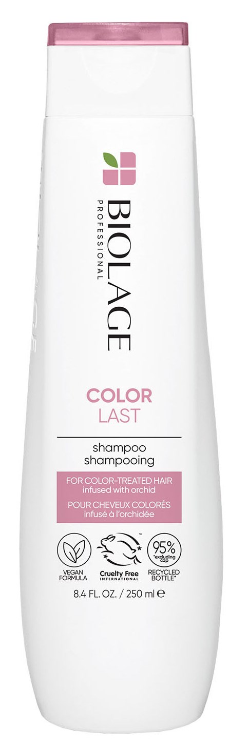 Valkoinen pullo, jossa on vaaleanpunaisia ja vihreitä yksityiskohtia, merkki 'BIOAGE COLOR LAST' shampoo värjätyille hiuksille, 8,4 fl oz.
