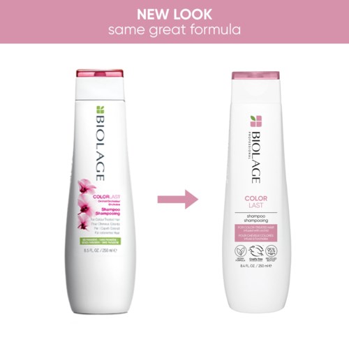 Kaksi Biolage-shampoota näyttävät uudelta ulkonäöltään mutta samoilta kaavansa, pinkki ja violetit yksityiskohdat, 250 ml.
