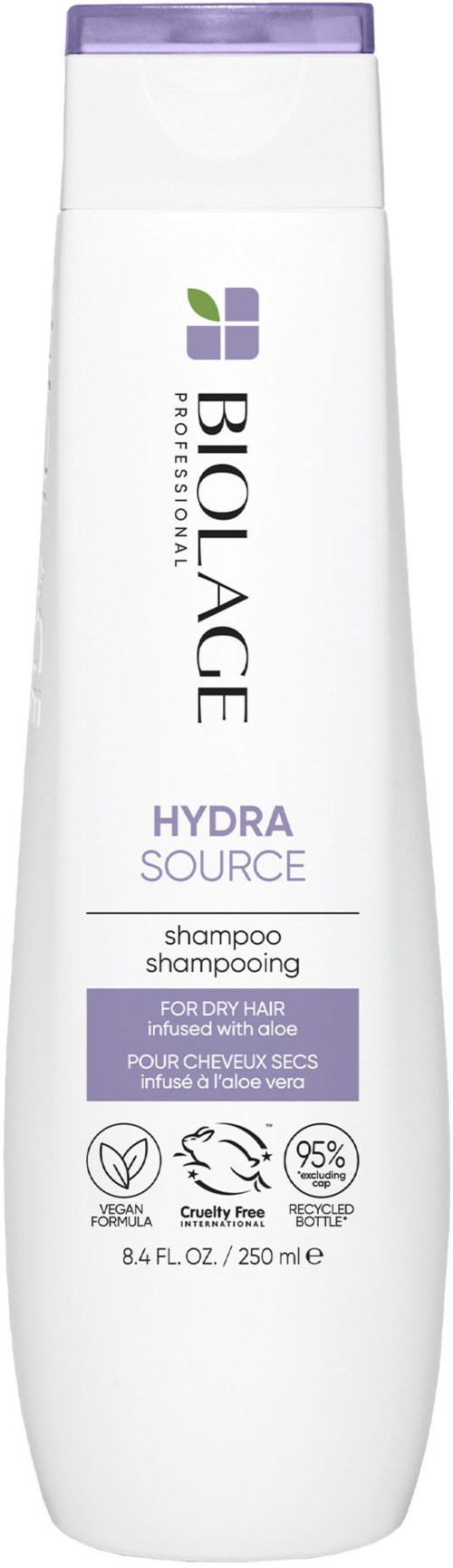 Biolage HydraSource sampoo kuiviin hiuksiin, 250 ml pullo, sisältää ympäristöystävällisen ja cruelty-free-symbolit.