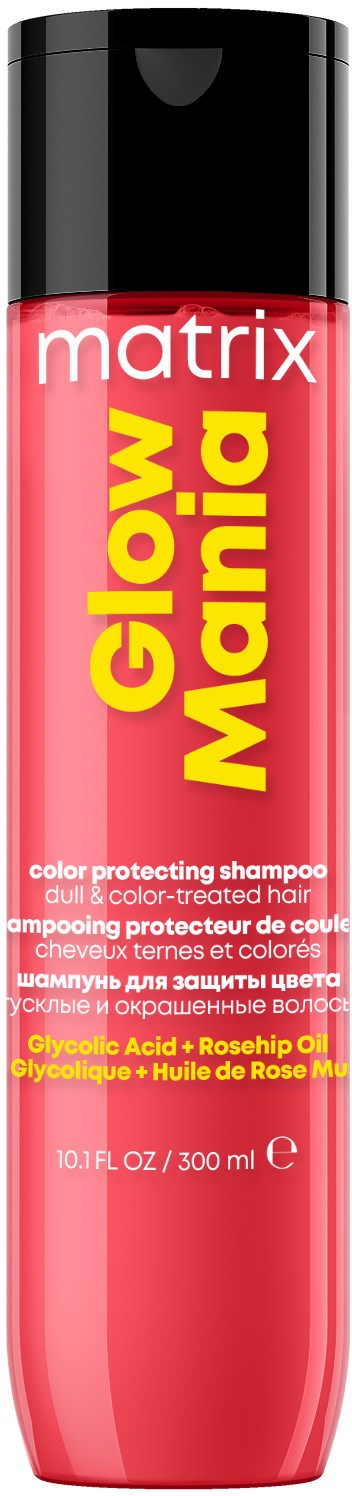 Eine rote Flasche Matrix Glow Maria Farbschutzshampoo mit schwarzem Deckel, gelbem und pinkem Text und Inhaltsstoffliste.
