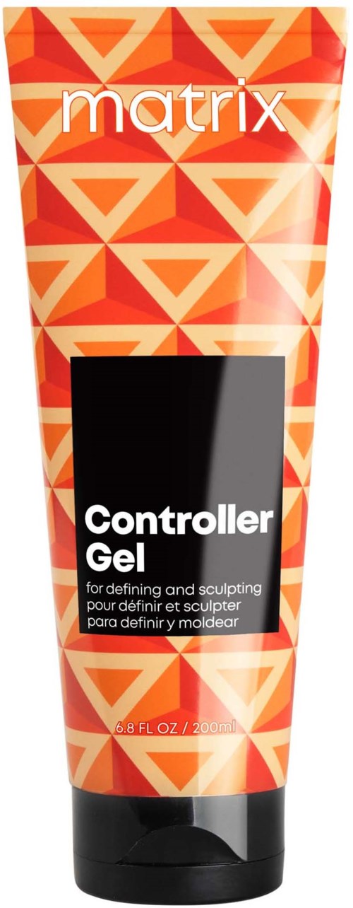 Eine Tube Controller Gel mit rotem und orangefarbenem geometrischem Muster, weißem und schwarzem Text.