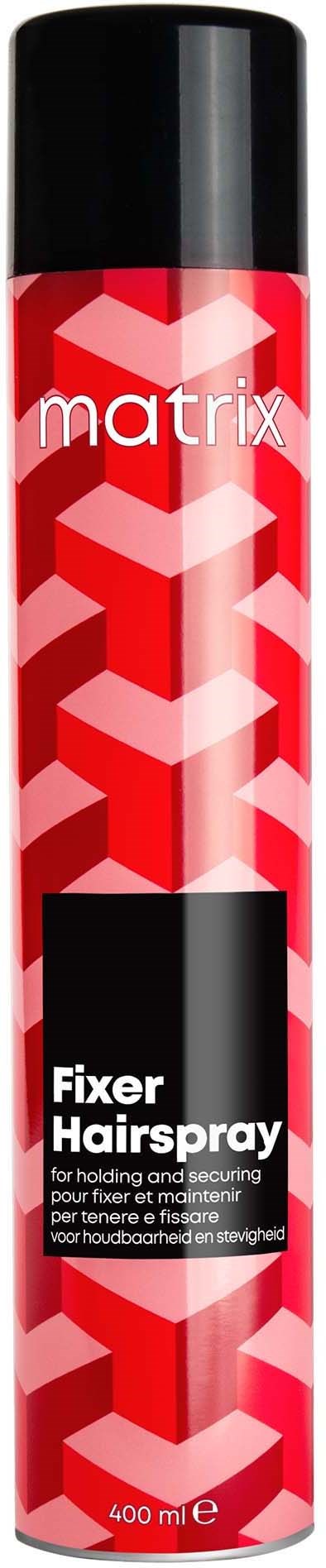 Eine lange, rote Dose mit schwarzem Deckel. Sie hat weiße und schwarze Schrift und ein geometrisches Muster. Es ist Haarspray.