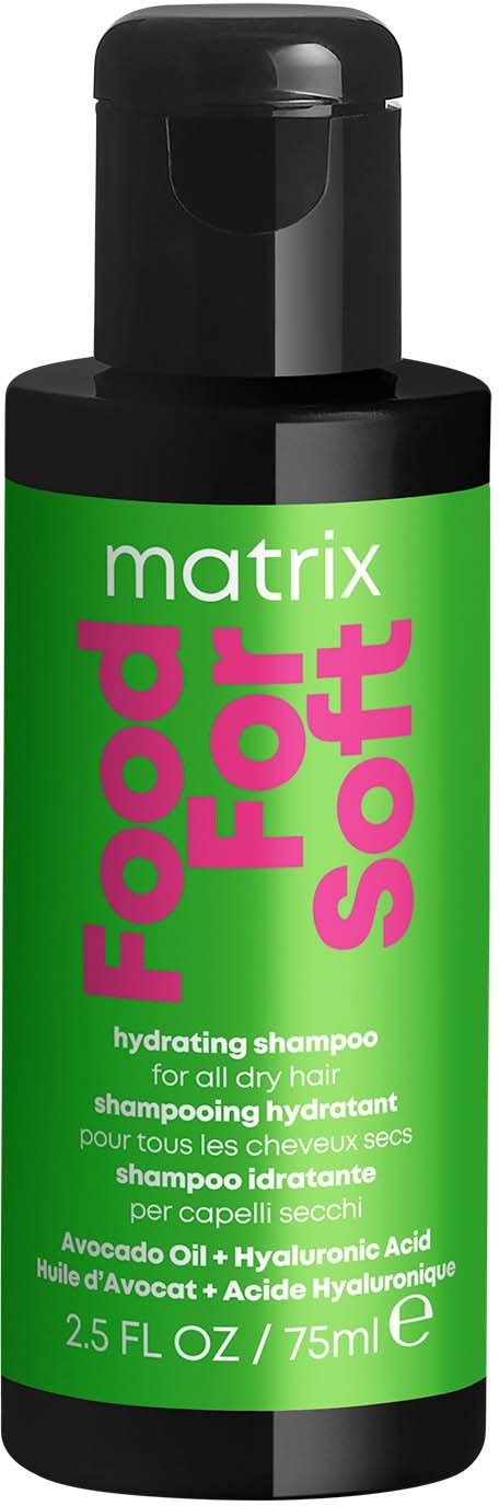 Grön flaska med Matrix Food for Soft, fuktgivande schampo med svart lock.