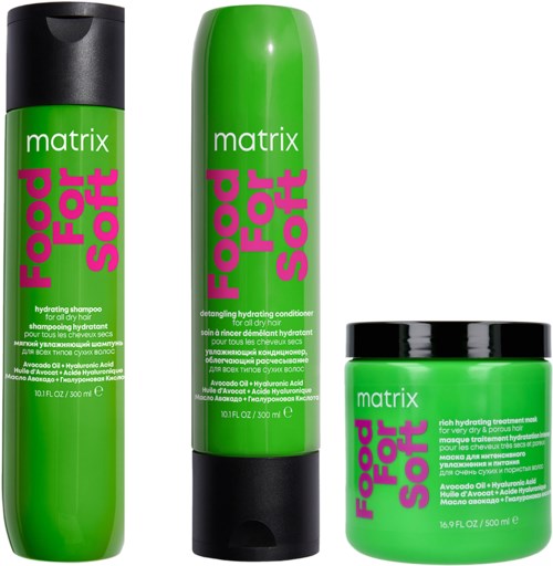 Grüne Flaschen und Behälter mit Matrix Food for Soft, feuchtigkeitsspendende Haarpflege für trockenes oder lockiges Haar.