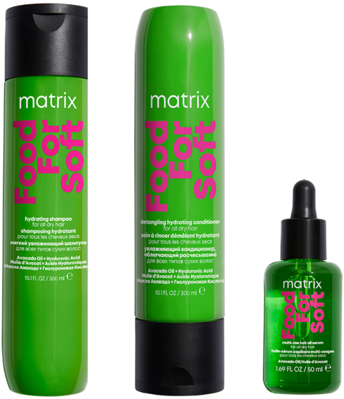 Dreiteilige grüne Haarpflegeprodukte: Shampoo, Conditioner und Serum, alle aus der Matrix Food for Soft Serie.