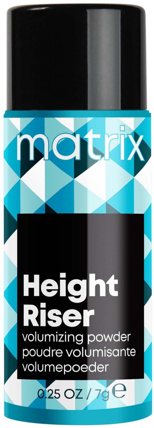 Eine Dose Matrix Height Riser volumizing Powder mit blauer geometrischer Muster, schwarzem Deckel und Produktname auf dem Etikett.