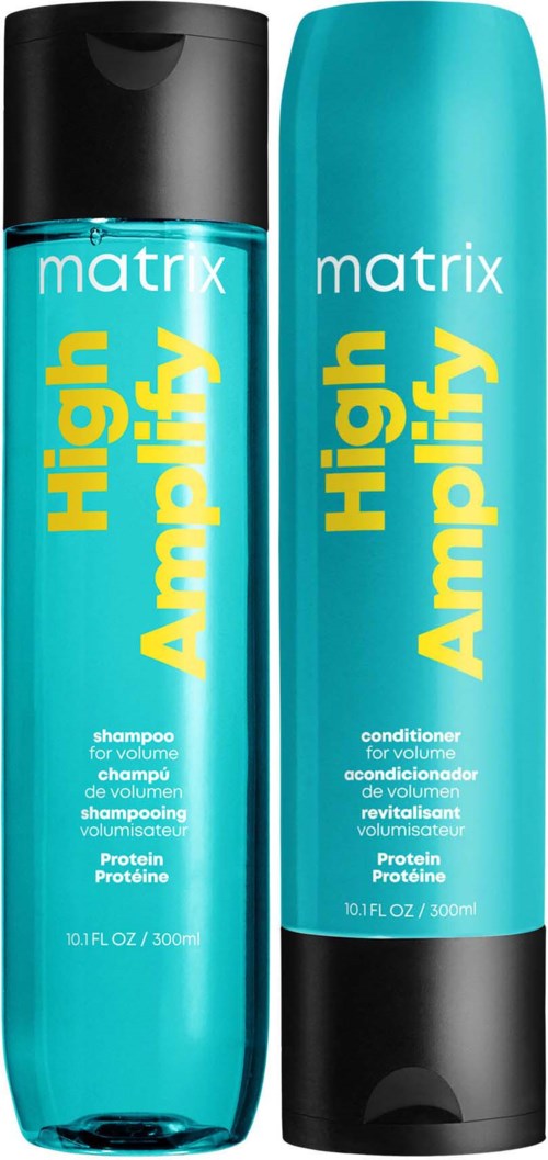 Blaues Shampoo- und Conditioner-Set mit gelbem Text, bezeichnet 'High Amphify' für Volumen, von Matrix.