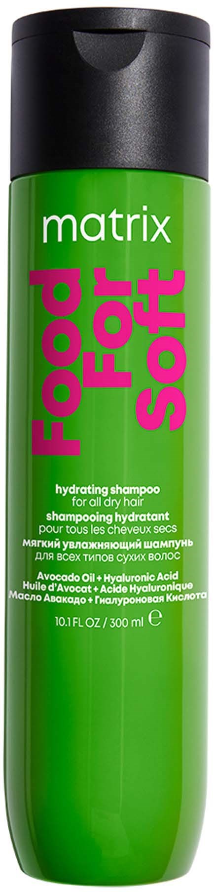 Eine grüne und schwarze Shampoo-Flasche mit pinkem und weißem Text, gekennzeichnet "Food for Soft" für feuchtigkeitsspendendes Haar.
