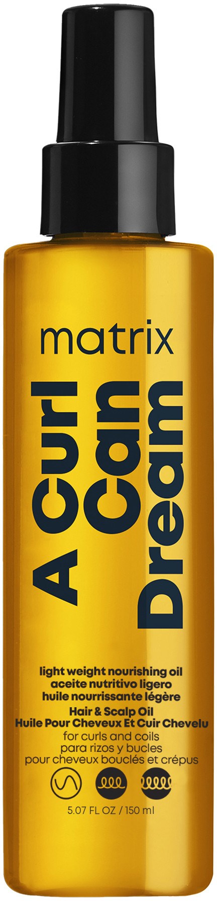 Eine gelbe Flasche mit dem Label 'A Curl Can Dream' und schwarzen Deckel, enthält nährende Öl für Locken.